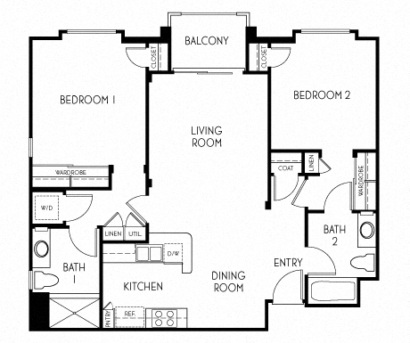Floor plan for 2 beds, 2 baths, 956 sqft